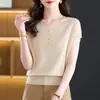 Blusas de Manga Corta de Seda de Hielo para Mujer, Nuevo Estilo Veraniego, Camisetas de Punto de Color Sólido con Cuello en V, Blusas Finas, Camisetas Cortas Casuales Versátiles