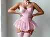 Pijamas sexy europeus e americanos plus size transfronteiriços, camisola com tule e renda, conjunto de camisola modeladora com laço de puro desejo, atacado para mulheres