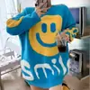 Nuevo suéter de punto para mujer estilo coreano otoño e invierno, cuello redondo, cara sonriente bordada con letras, color de contraste, estilo holgazán, manga larga