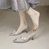 Zapatillas de media punta estilo francés plateadas finas con pedrería brillante, zapatillas elegantes de tacón de punta, sandalias de tacón alto, talla grande 41-43