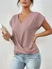 Camiseta casual de estilo transfronterizo para mujer, con cuello en V, diseño retorcido, manga corta con hombros enrollados, color liso, dobladillo suelto y diseño cruzado.
