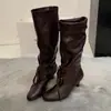 Versión de cuero~Botas altas de cordones con punta fina estilo coreano para mujer, botas vintage de tacón grueso fruncidas apiladas, botas de ajuste ceñido, botas de montar