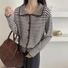 Cardigan de Tricô Color Block Listrado Retro Coreano com Gola Pequena para Mulheres 2026 Outono e Inverno Novo Suéter Macio Casaco Top