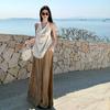 Ropa de Vacaciones Relajada de Old Qian Feng para Mujer Verano Top de Cuello Halter sin Espalda Pantalones de Pierna Ancha de Cintura Alta Traje de Dos Piezas