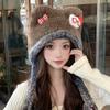 Chapéu Fofo Estilo Lei Feng para Cachorros com Laço e Orelhas de Urso para Mulheres, Faz o Rosto Parecer Menor, Doce e Aconchegante, Chapéu Gorro Quente e Espessado