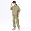 Traje Pantalón de Nueve Puntos Marca de Moda Traje de Dos Piezas Holgado Deportivo de Manga Corta Traje Casual Juvenil de Primavera Algodón Gris