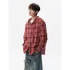 Camisa Xadrez com Capuz Estilo Americano de Manga Longa para Homens na Primavera e Verão, Solta, Casual, Versátil, Cordão para Ajuste, Jaqueta Camisa de Casal