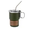 Taza portátil de acero inoxidable 304 con popote, asa con veta de madera, taza de café para exteriores, vaso de agua irrompible, taza con popote