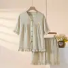 Novedades Primavera y Verano Algodón Puro para Mujer Cuello en V Encaje Fruncido Manga Corta Pantalones Cortos Suave Transpirable Conjunto de Ropa de Casa Pijama