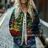 Sudadera de Algodón con Cuello Alto y Pliegues para Mujer 2025, Estampado Floral Retro, Rayas Otoño e Invierno, Botones, Sudadera para Mujer