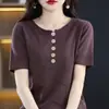 Estilo Novo Primavera e Verão Estilo Preguiçoso Algodão Puro Tricô Manga Curta Solto Gola Redonda Fino Tricô Camiseta Versátil com Botões para Mulheres