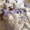 Juego de cuatro piezas de algodón puro Clase A para dormir sin nada, estilo ins de algodón fresco lavado con estampado de dibujos animados para dormitorio, juego de tres piezas con sábana bajera