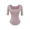 Camiseta Lisa de Cuello Cuadrado y Manga Media, Estilo Puramente Sexy, Moda Versátil de Primavera, Ajustada, Dobladillo Curvo, Camiseta Básica
