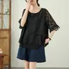 Toma Real de Verano 2025 Nuevo Estilo Japonés y Coreano Holgado y Versátil Cuello Redondo Manualidad de Flores Cortadas Doble Capa Versátil Tallas Grandes Tops para Mujer