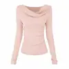 Blusa de tricô feminina de manga longa com decote U e design ombro a ombro, perfeita para looks de outono e inverno, apresentando cintura marcada estilo francês e uma estética suave e feminina