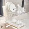 Escurridor de platos estilo japonés para guardar tazones, platos, palillos y cubiertos, nuevo estante de almacenamiento de cocina con cesta de doble capa