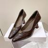 Zapatos de Tacón Alto Retro de Estilo Coreano de Piel de Oveja con Punta de Cuero Completo, Boca Baja, Negros, para Commuter, Profesionales, de Tacón Grueso para Mujer