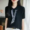 Bufanda de Seda con Cuello Camisero Top de Punto de Manga Corta Camiseta para Mujer Verano Estilo Delgado Alto Grado Delgado Transpirable Camiseta Azul Superior Blusa