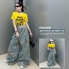 Conjunto de Verão para Meninas 2025 Nova Moda Menina Carta Americana Manga Curta Flor Jeans Calça de Chão Conjunto de Duas Peças