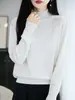 Suéter de punto fino 60% lana con cuello floral para mujer, suave diseño de cuello floral, jersey de mezcla de lana suave y acogedor para otoño e invierno