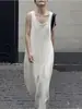 Vestido de Punto Largo sin Mangas con Cuello en U Grande para Mujer, Estilo Minimalista de Alta Gama, Holgado y Adelgazante, Adecuado para Vacaciones en la Playa