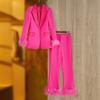 Otoño e Invierno Nuevo Rojo Rosa Estilo Europeo y Americano Reunión Anual Pantalones de Vestir Costura Pluma Chaqueta de Traje Pantalones Dos Piezas Fresco