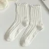 Calcetines de Algodón Puro para Mujer, Calcetines Finos de Media Pantorrilla para Primavera y Verano, Color Sólido, Malla Transpirable, Antiolor, Borde Festoneado, Estilo Universitario, Calcetines Holgados
