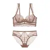 Conjunto de Sutiã Sexy Ultra-Fino Transparente de Renda Europeia e Americana para Seios Grandes Redutor de Busto Tamanho Plus Anti-Queda Levanta Busto Feminino