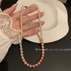 Collar elegante de perlas Guofeng con degradado rosa, ligero, lujoso, con atmósfera de primavera y verano, collar dorado con tarjeta, collar para mujer