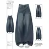 Jeans Feminino Plus Size Estilo Americano Azul Cimitarra Perna Larga Novo Estilo para Mulheres Plus Size Cintura Alta Caimento Formato Pera Perna Reta