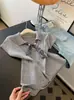 Camiseta de Manga Corta de Punto con Encaje y Lazo Gris para Mujer, Capa Interior o Exterior, Top Pequeño de Hombro Regular, Verano 2026