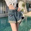 Shorts Jeans com Bainha Dobrada para Mulheres 2025 Verão Novo Shorts de Corte A com Design Retrô, Tamanhos Grandes para Mulheres Curvilíneas, Tendência Quente Popular de Cintura Alta