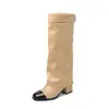 Botas altas de cuero color block estilo francés para Otoño/Invierno 2026 con tacones gruesos, botas para estilizar la pierna, botas largas francesas de corte holgado, talla grande