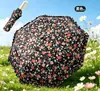 Guarda-chuva Manual Dobrável com Cabo de Argola, Guarda-sol Preto com Proteção UV, Design Floral Fresco, Guarda-sol Anti-UV