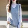 Colete Tricotado Feminino Gola V de Lã Cashmere Novo Outono/Inverno 2026, Cor Sólida, Escovado, Lantejoulas, Sem Mangas, Colete para Sobreposição