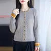 Coleção Outono/Inverno 2026 Transfronteiriça: lã finamente fiada, cardigã de tricô com gola redonda, de manga longa, feminino, color-block, corte solto, top de tricô torcido