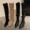 Botas de tacón puntiagudas plisadas para mujer 2026 Nuevas elegantes para aumentar altura, adelgazantes, versátiles, hasta la rodilla, estilo Western Cowboy