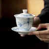 Juego de tres cuencos con tapa de cerámica de pared delgada, Sombra de Bambú Azul y Blanco, Pintado Puramente a Mano, Taza de Té de Porcelana Blanca Dulce con Color Bajo Esmalte, Juego de Té Kung Fu Estilo Chino