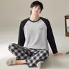 Novo Pijama Masculino Primavera e Outono Algodão Puro Manga Longa Estilo Coreano Esportivo Pode Ser Usado Fora Todo Algodão Tamanho Grande Conjunto de Roupa para Casa