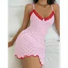 Moda de Verano Camisola con Estampado de Corazones Ajustada Camisón Sexy Ropa de Dormir para Mujer Nueva Ropa de Casa con Encaje y Cuello en V