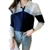Camisa de Manga Larga Nueva de Primavera 2025 para Mujer, Cuello Solapa, Bloques de Color, Corte Ajustado, Estilo Regular