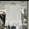 Camisa retrô estilo coreano com bolinhas e mangas tipo sino para mulheres, design de verão com babados, solta, casual, modeladora, top versátil
