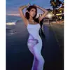 Vestido Azul Floral de Alcinha para Mulheres, Estilo Verão para Férias na Praia, Cintura Marcada, Lindo Saia Longa Estilo Sereia que Abraça os Quadris