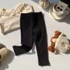 Calças Leggings Caneladas Infantis para Meninas, Calças Longas Versáteis de Corte Justo, Calças Elásticas de Cor Sólida ou Listradas para Uso ao Ar Livre