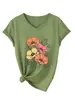 Amazon Wish site independente moda elegante feminina camiseta gola V manga curta com quatro flores rosa e amarelas, adequada para comércio exterior