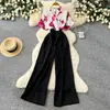 Mono de Trabajo Estilo Coreano con Cuello en V Estampado para Mujer, Pantalones de Pierna Ancha de Cintura Alta de Verano, Pantalones Largos Elegantes y Ajustados
