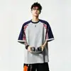 Camiseta Masculina de Manga Curta Algodão Puro Solta Estilo Harajuku Tendência Nacional Color-Blocking Estilo Americano Marca para Casal Listras Três
