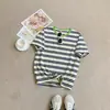 Gola listrada color block estilo retrô manga curta verão novo versão coreana versátil gola redonda pulôver casual justo simples top