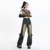 Jeans de Pierna Ancha con Diseño de Costuras Estilo Joven Naranja# Moda Fresca Chica Picante Overol Lavado Antiguo Holgado Adelgazante para Mujer
