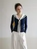 Camiseta de Manga Larga con Cuello de Corbata Azul Marino Estilo Universitario para Mujer, Top de Otoño Ajustado